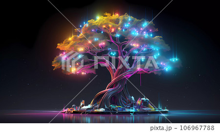 Cyberpunk Retro Futuristic Tree with Neon Lights 106967788
