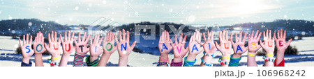 Children Hands Building Word Solution Available, Winter Background 106968242