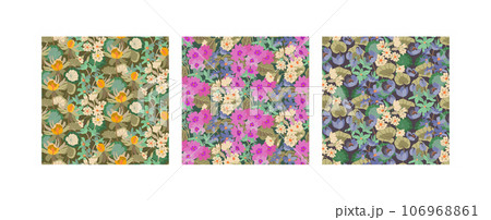 Set of three vector seamless patterns with spring flowers and plants. Endless floral backgrounds. 106968861
