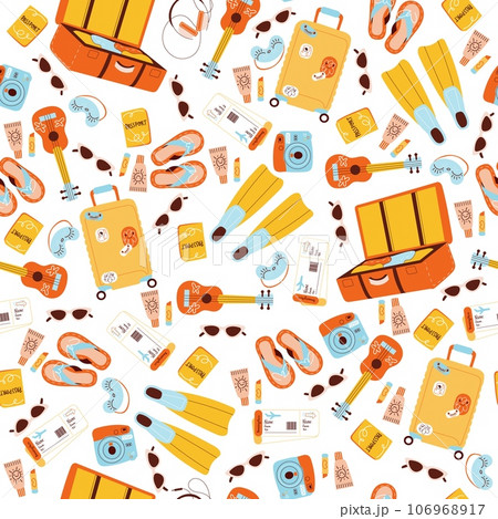 Seamless pattern with items for vacation trip. Summer tourism background. Beach resort. Tourist baggage. Voyage luggage. Decor textile, wrapping paper, wallpaper. Print for fabric vector concept 106968917