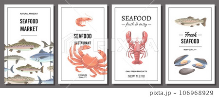 Seafood cards. Restaurant and cafe menu covers template, fresh fish, crabs and shellfish, delicious healthy food banners, oceanic products, cartoon flat isolated illustration, tidy vector set Seafood cards. Restaurant and cafe menu covers template, fresh fish, crabs and shellfish, delicious healthy food banners, oceanic products, cartoon flat isolated illustration, tidy vector set 106968929