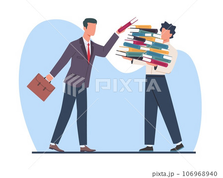 Overworked employee, boss puts lot of responsibilities on office worker. Man tired from paperwork. Demanding manager in office. Many paper work cartoon flat style isolated vector concept 106968940