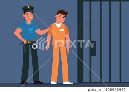 Jailer leads convict to prison cell. Policeman and prisoner in handcuff near jail. Jailhouse cage lattice. Punishment system. Cartoon flat style vector imprisoning lawbreakers concept 106968945