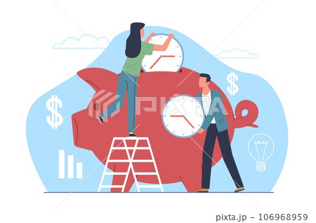 Concept of time management, man and woman dropping watch into piggy bank. investment and profit, dollar sign. Live and business strategy. Day planning. Vector cartoon flat isolated illustration 106968959
