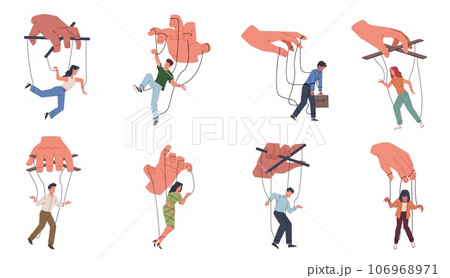 Cartoon puppets people. Persones manipulating process, flat characters with strings controlled by someone else hands. Marionette control. Freedom and independence concept. Nowaday vector set 106968971