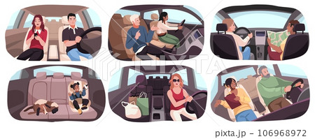 Cartoon people in cars. Drivers and passengers in vehicles, men, women and children, child safety seat, leather interior. Automobile traffic. Girls and boys drivers. in auto. Tidy vector set Cartoon people in cars. Drivers and passengers in vehicles, men, women and children, child safety seat, leather interior. Automobile traffic. Girls and boys drivers. in auto. Tidy vector set 106968972