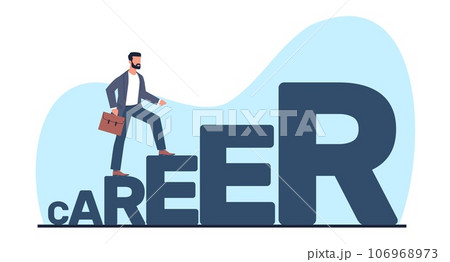 Career advancement concept, businessman rises up through series of letter steps. Path to achieving goals, employee motivation. Ambition on work. Vector cartoon flat isolated illustration 106968973