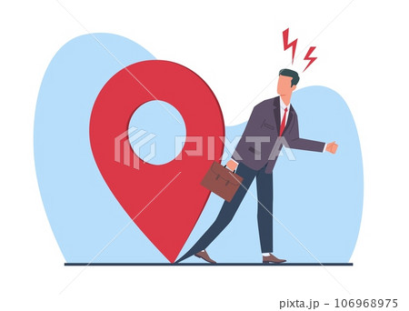 Businessman, manager, or employee chained to place, office work, job dependence. Huge red map pin. Male workaholic character, hard worker. Cartoon flat style isolated vector concept Businessman, manager, or employee chained to place, office work, job dependence. Huge red map pin. Male workaholic character, hard worker. Cartoon flat style isolated vector concept 106968975