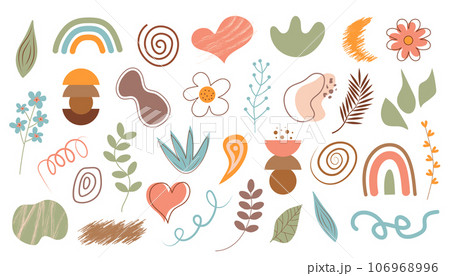Abstract boho shapes, natural textures, lines, floral forms and doodle plants. Hand draw abstract design elements in pastel color. Art form for social media stories. 106968996