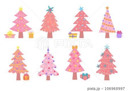 Pink christmas trees set. Cute pastel decorated Christmas trees with presents. Winter holidays glamour decorative collection. 106968997