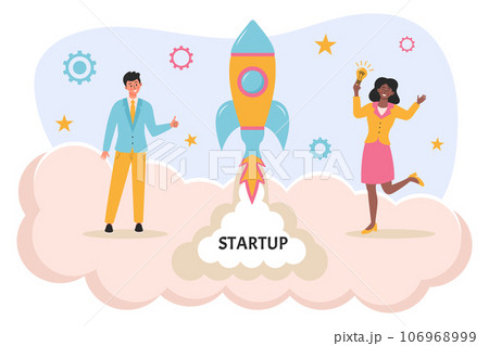 Startup rocket launch by happy business man and woman. Success of new project, development innovative business product, teamwork concept. 106968999
