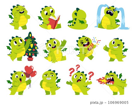 Baby funny dragon character. Cartoon dino mascot, different activities and emotions, cute fairytale animal, new year symbol, chinese mythology creature in different poses. Tidy vector set Baby funny dragon character. Cartoon dino mascot, different activities and emotions, cute fairytale animal, new year symbol, chinese mythology creature in different poses. Tidy vector set 106969005