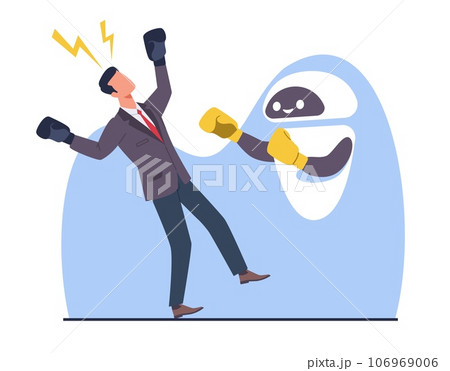 Artificial intelligence competes with human, robot boxing gloves beats human. Fight against AI. Competition of modern machine and human. Technology development. Cartoon flat vector concept 106969006