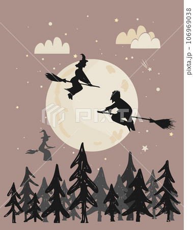 Black silhouette of a young witches and wizards flying on broom above the forest in the night sky. Vector clip art for Halloween Party. 106969038