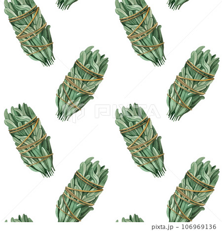 Seamless pattern on a white background. Items for fortune telling, white sage in a bunch, hand-painted in watercolor. Suitable for printing on fabric, paper, design, scrapbooking 106969136