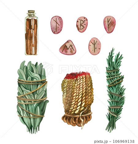 Set of elements. Items for fortune telling and meditative practices. Bunches of herbs for smudging, stones with runes, scented candles and a bottle of cinnamon. Everything is painted in watercolor 106969138