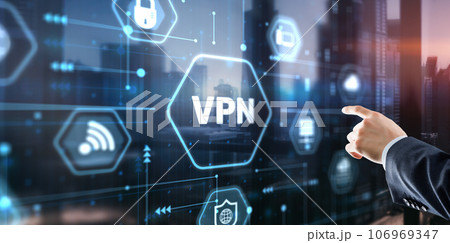 Businessman presses a button VPN. Betwork security internet privacy encryption concept 106969347