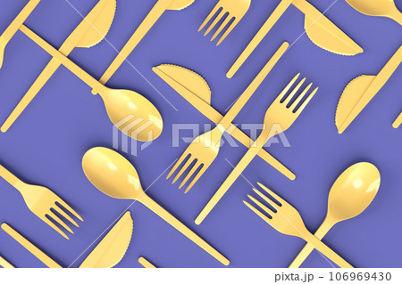 Set of disposable utensils like spoon, fork and knife on monochrome background. 106969430
