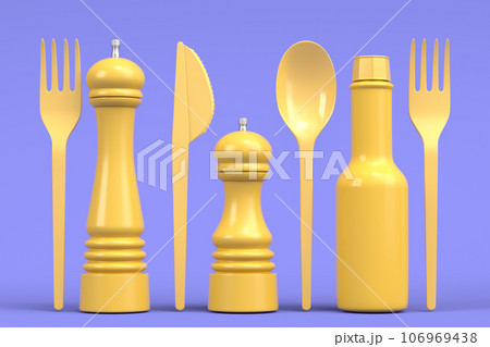 Set of disposable utensils like folk, spoon,knife, cup and pepper mill Set of disposable utensils like folk, spoon,knife, cup and pepper mill 106969438