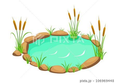Lake with reeds and stones. Pond in cartoon style isolated on white. Swamp with vegetation 106969448