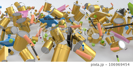 Many of flying metal cans or buckets with paint roller, brush on white 106969454