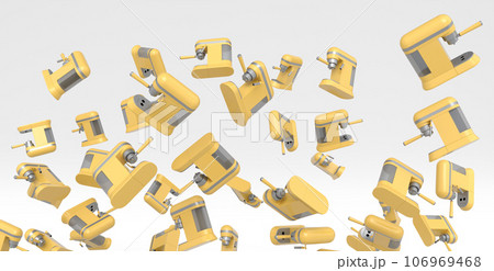Many of flying professional espresso coffee machine with horn on white 106969468