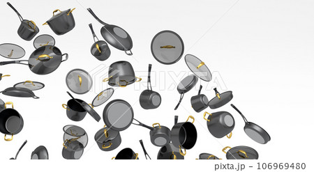 Many of flying frying pan with glass lid on white background, non-stick Many of flying frying pan with glass lid on white background, non-stick 106969480