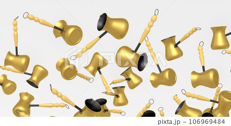 Many of flying Turkish coffee cooked in sand or coffee maker cezve on white. 106969484