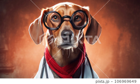 A dog with glasses, with a stethoscope in a red jacket and a doctor's suit on a dark background. A dog with glasses, with a stethoscope in a red jacket and a doctor's suit on a dark background. 106969649