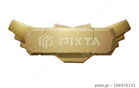 Brown stone board, rock banner with cracked, vector rhomboid frame with text space, block boulder for interface game 106970135