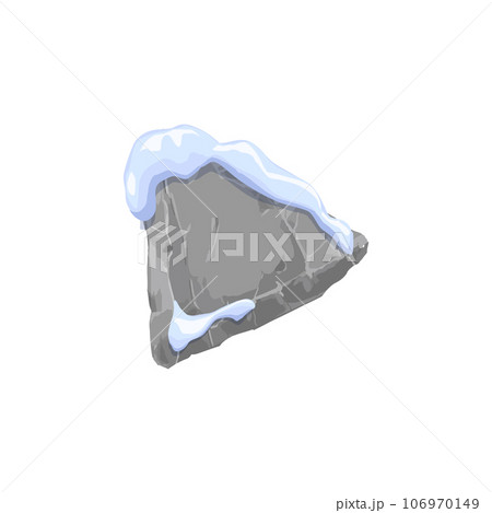 Stone board with snowdrift, vector triangle shape frame, frozen rock pointer banner with cracked, winter direction block 106970149