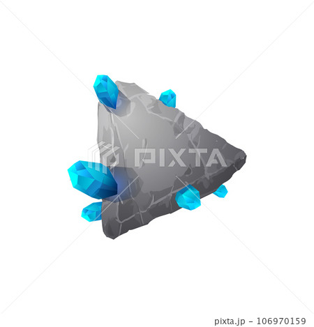 Stone board with blue crystals, vector cartoon rock triangle frame with text space, block boulder for interface game ui Stone board with blue crystals, vector cartoon rock triangle frame with text space, block boulder for interface game ui 106970159