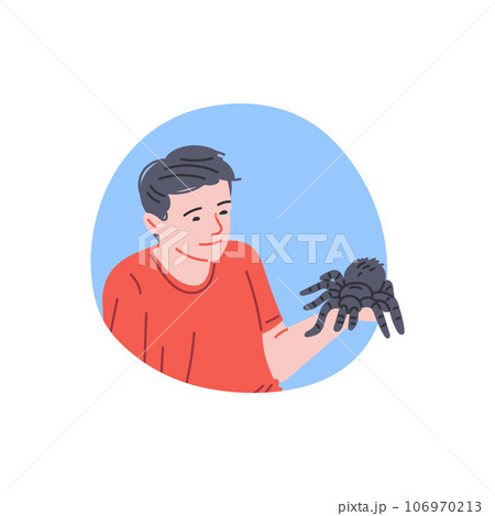 Man holds on hand black fluffy spider, owner with tarantula, vector pet reptile or home insect animal, exotic arachnid Man holds on hand black fluffy spider, owner with tarantula, vector pet reptile or home insect animal, exotic arachnid 106970213