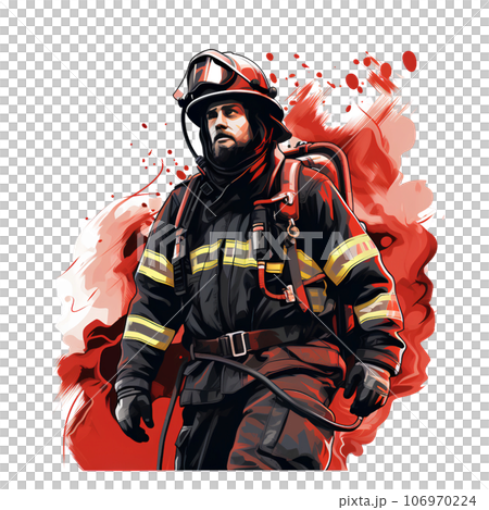 emergency, cartoon, fire, illustration, fireman, firefighter, rescue, safety, hose, helmet, profession, fighter, job, professional, uniform, man, water, hero, occupation, service, equipment, danger 106970224