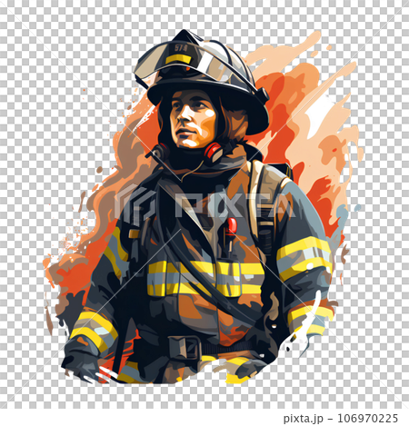 emergency, cartoon, fire, illustration, fireman, firefighter, rescue, safety, hose, helmet, profession, fighter, job, professional, uniform, man, water, hero, occupation, service, equipment, danger 106970225