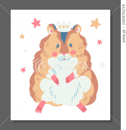 Cute ginger hamster with white belly looks with curiosity, fluffy pet vector cartoon illustration, small home animal Cute ginger hamster with white belly looks with curiosity, fluffy pet vector cartoon illustration, small home animal 106970259