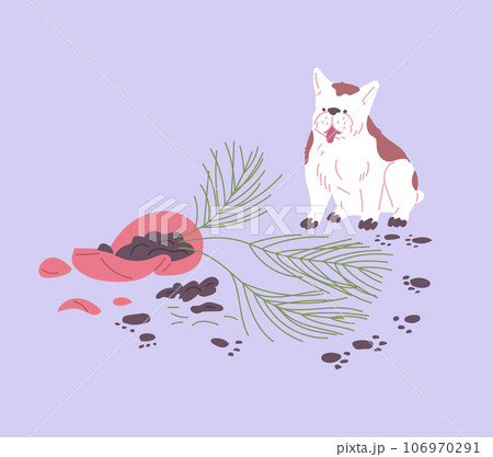 Dog sitting next to broken flower pot flat style, vector illustration 106970291