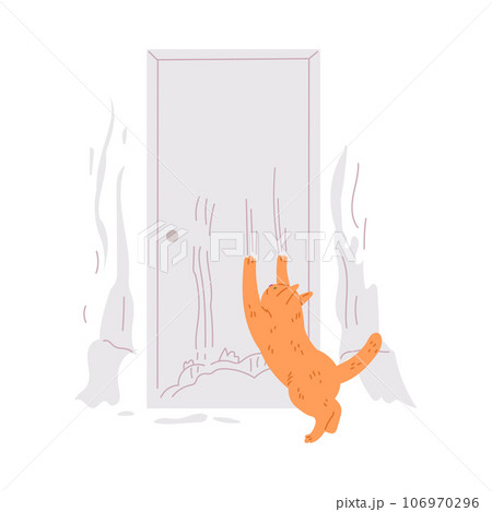 Pet mess in a room, disorder and destruction by naughty ginger cat, scratched door wallpaper, vector bad kitten behavior 106970296