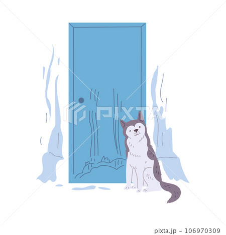 Pet mess in a room, disorder and destruction by naughty dog, scratched door wallpaper, vector cartoon bad puppy behavior 106970309