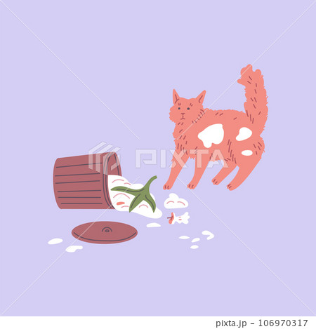 Pet mess and clutter, overturned trash can, scattered garbage, naughty ginger cat bad behavior vector illustration 106970317