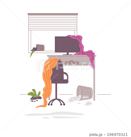 Pet mess near the computer desk, disorder and destruction naughty cat or dog, vector damaged curtain, rubbish scattered Pet mess near the computer desk, disorder and destruction naughty cat or dog, vector damaged curtain, rubbish scattered 106970321