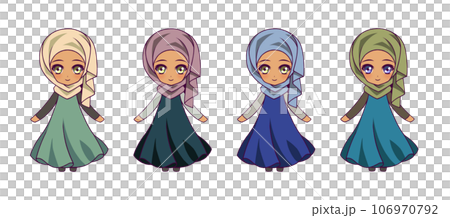 Anime-style deformed full-body illustration set of Muslim girl characters Anime-style deformed full-body illustration set of Muslim girl characters 106970792