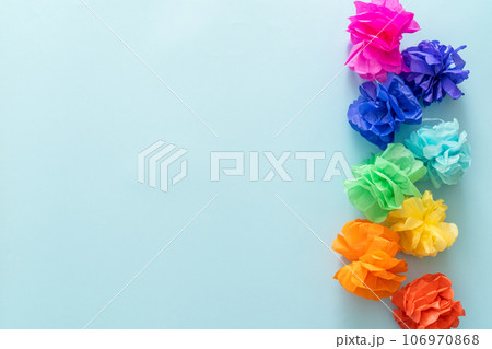 Birthday concept - garland on bright blue background Birthday concept - garland on bright blue background 106970868