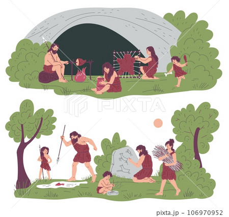 Prehistoric families, cavemen and cavewomen with children, flat vector illustration isolated on white background. 106970952
