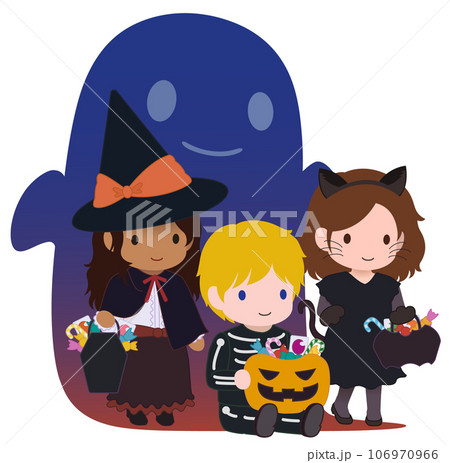 可愛いハロウィーンキッズ　スケルトン　オバケの夜　多人種1 106970966