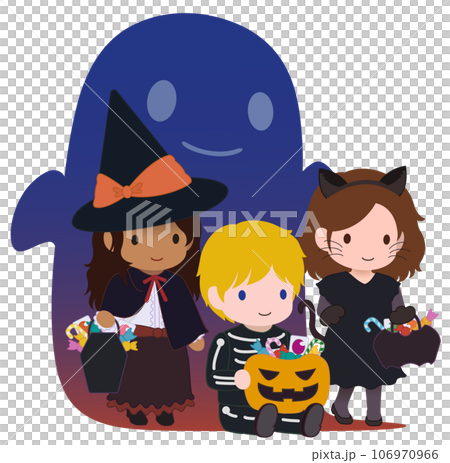 可愛いハロウィーンキッズ　スケルトン　オバケの夜　多人種1 106970966