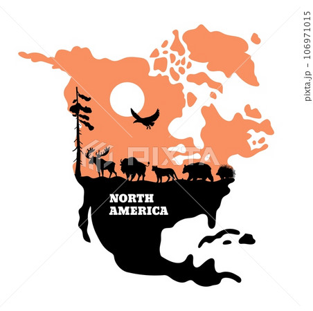 Map of North America, wild animals silhouette, flat vector illustration isolated on white background. Map of North America, wild animals silhouette, flat vector illustration isolated on white background. 106971015