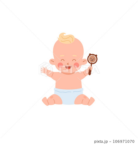 Baby in diaper playing with rattle toy flat vector illustration isolated. Baby in diaper playing with rattle toy flat vector illustration isolated. 106971070