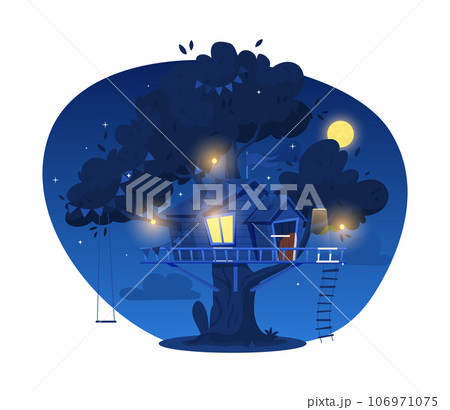 Oak tree with assembled treehouse at night, flat vector illustration isolated. 106971075