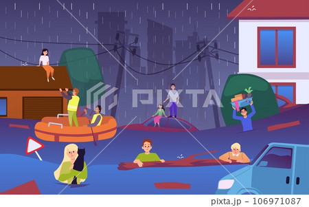Flood natural disaster rescue scenery with people flat vector illustration. 106971087